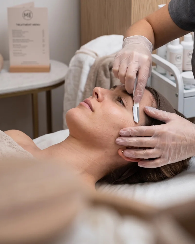 Un dermaplaning en cours, la lame passee a plat sur le visage d'une cliente