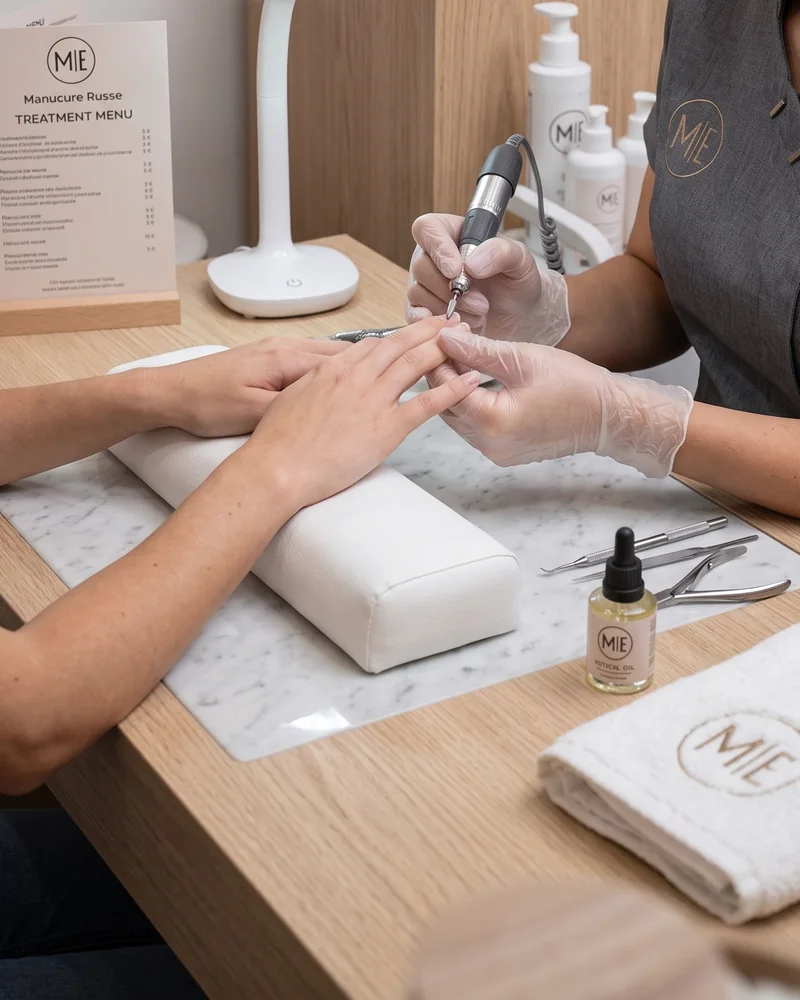 Une manucure en cours, les mains d'une cliente posees sur le repose-poignet